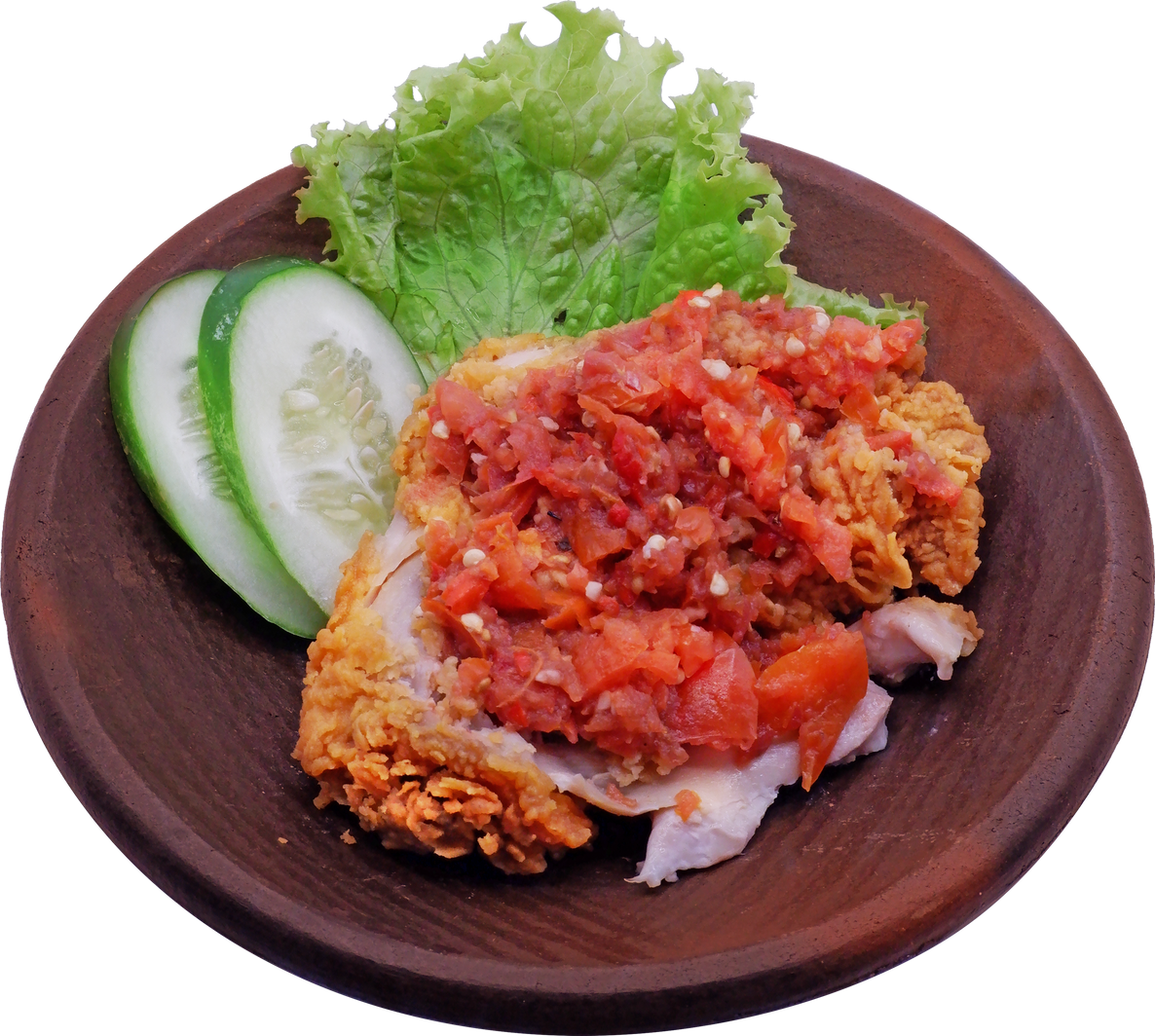 Spicy Fried Chicken Ayam Geprek on Clay Plate Isolated